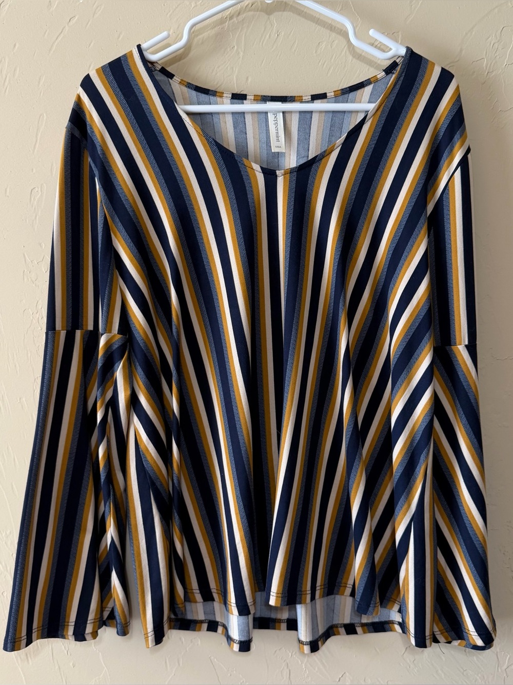 Peppermint Striped Navy, Mustard & White V-Neck Flared Sleeve Top